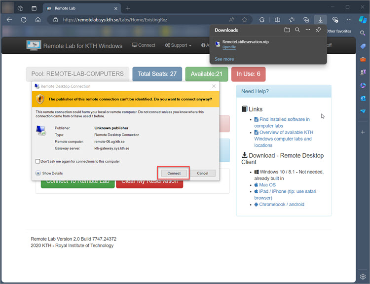 Connect to Remote Desktop Connection