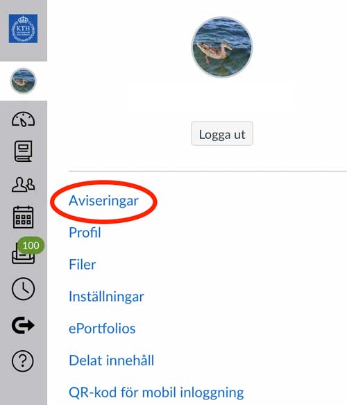 Skärmbild på länken “aviseringar” i menyn