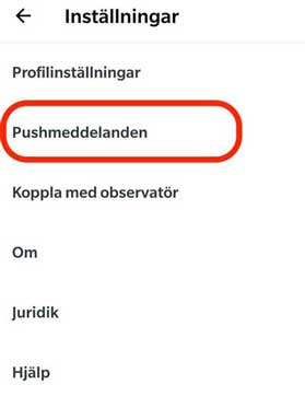 Skärmbild på menyn med länken för pushmeddelanden