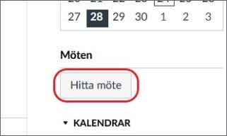 Inzoomad Canvas kalender på sidopanelen, med knappen "Hitta möte" markerad