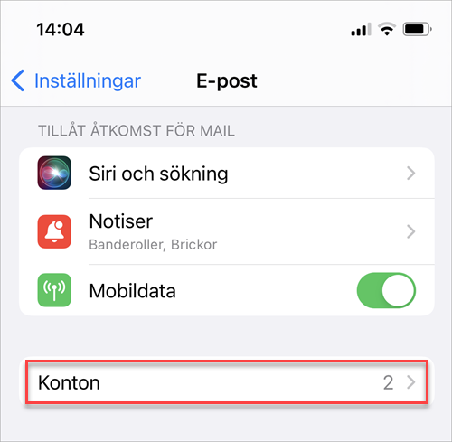 "konton" knappen är markerad