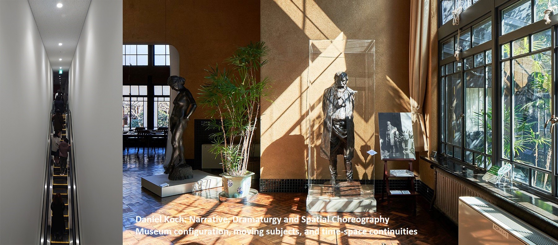 Two photos showing narrow escalator and sculpture studio space.