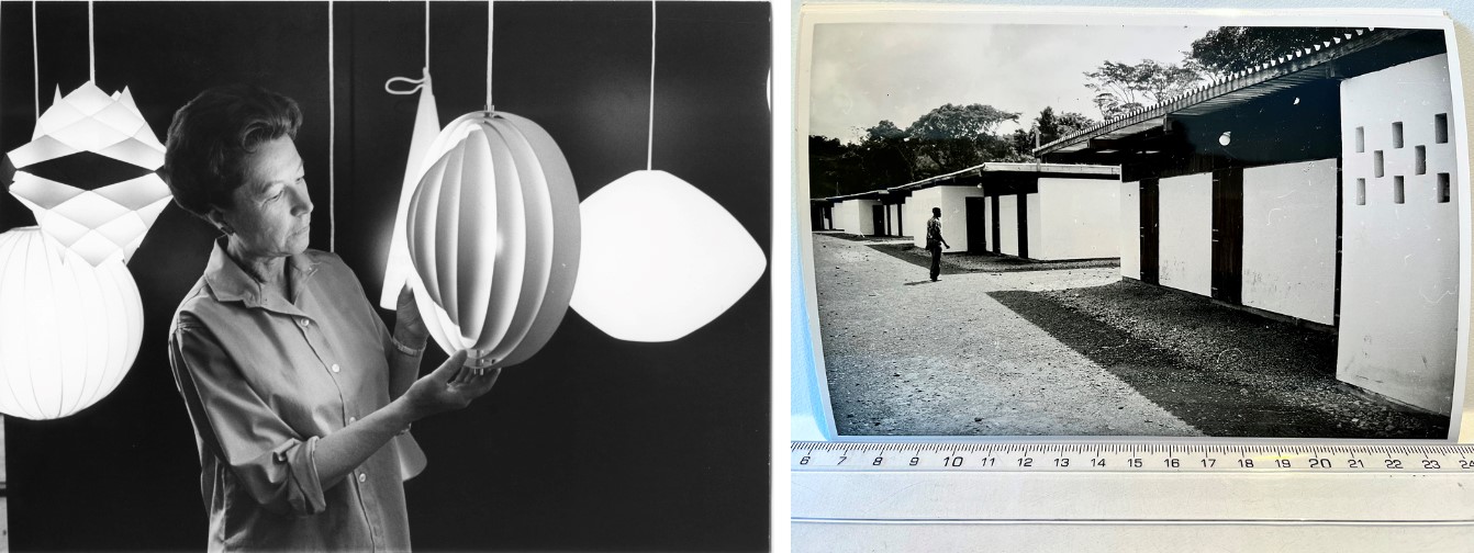 Left: Susanne Wasson Tucker at Svensk Form lighting exhibition in Chicago. Right: Photograph of work