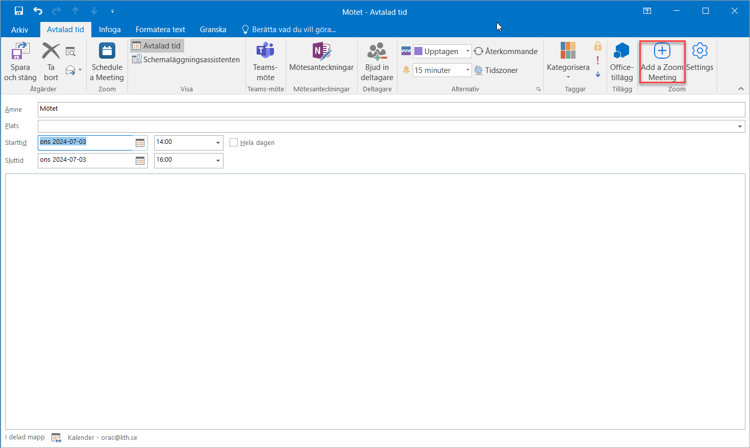 "Add a Zoom Meeting" knappen i verktygsfältet