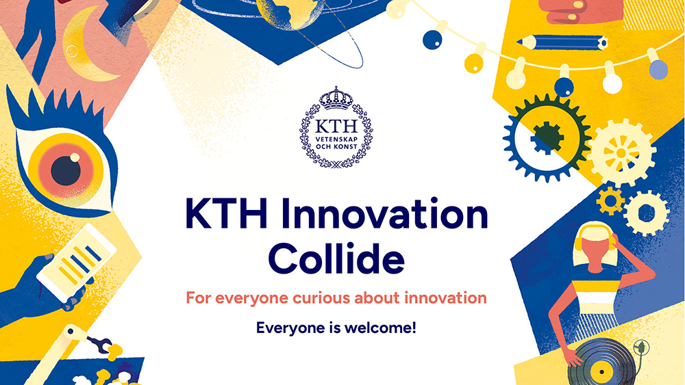 Illustrationer av ex. ett öga, en hand som håller en mobil runt texten KTH Innovation Collide
