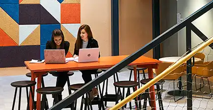Två studenter sitter vid varsin laptop