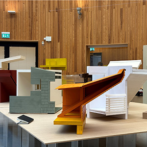 Models of buildings.