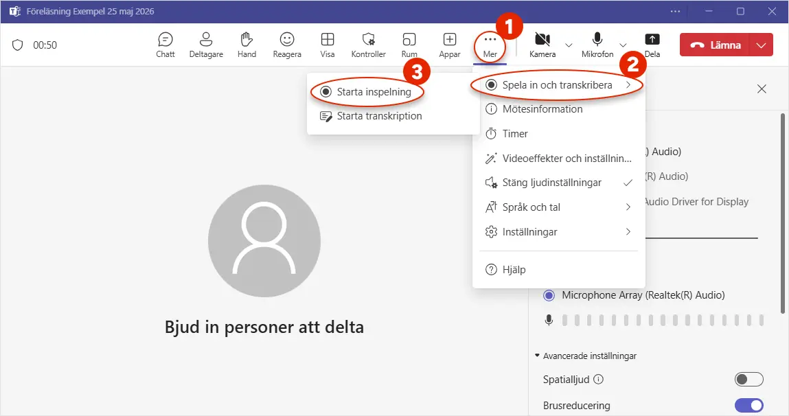 Skärmdump i Teams som visar hur en aktiverar transkribering