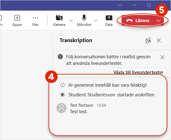Skärmdump i Teams som visar hur en lämnar mötet