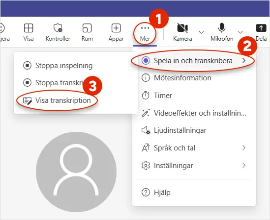 Skärmdump i Teams som visar hur en visar transkriberingen