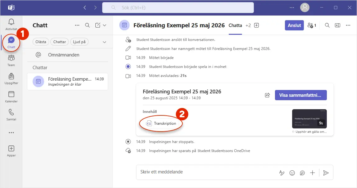 Skärmdump i Teams som visar hur en hittar transkriberingen