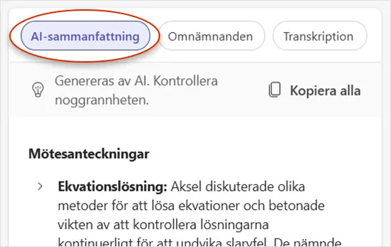 Skärmdump i Teams som visar hur en kommer åt sammanfattningen