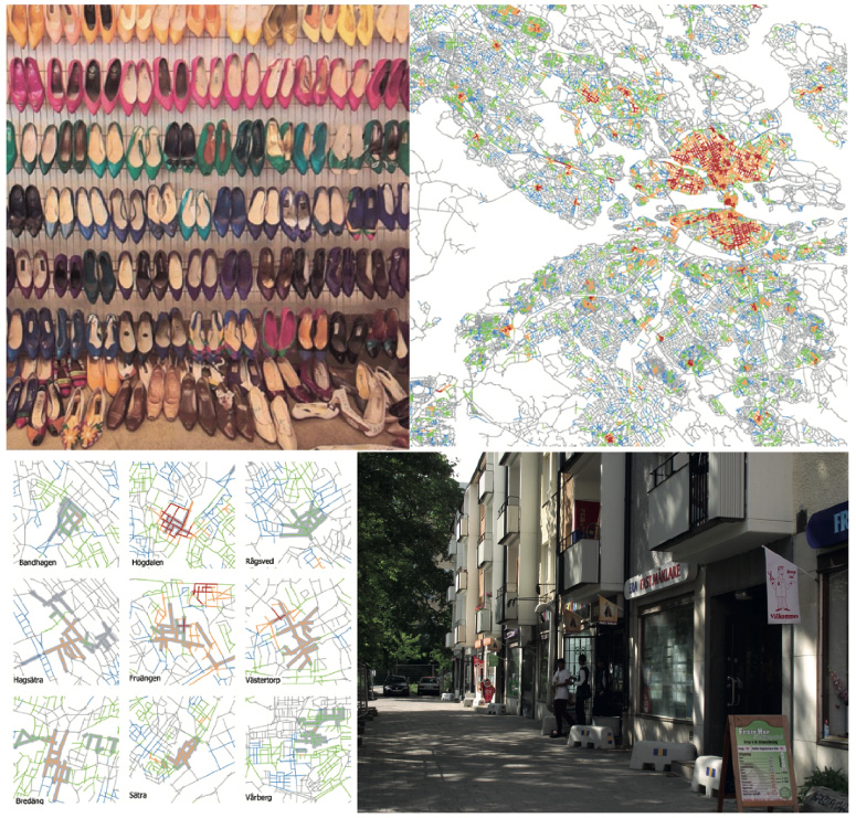 Skor i rader, kartor över städer, exteriör skoaffär