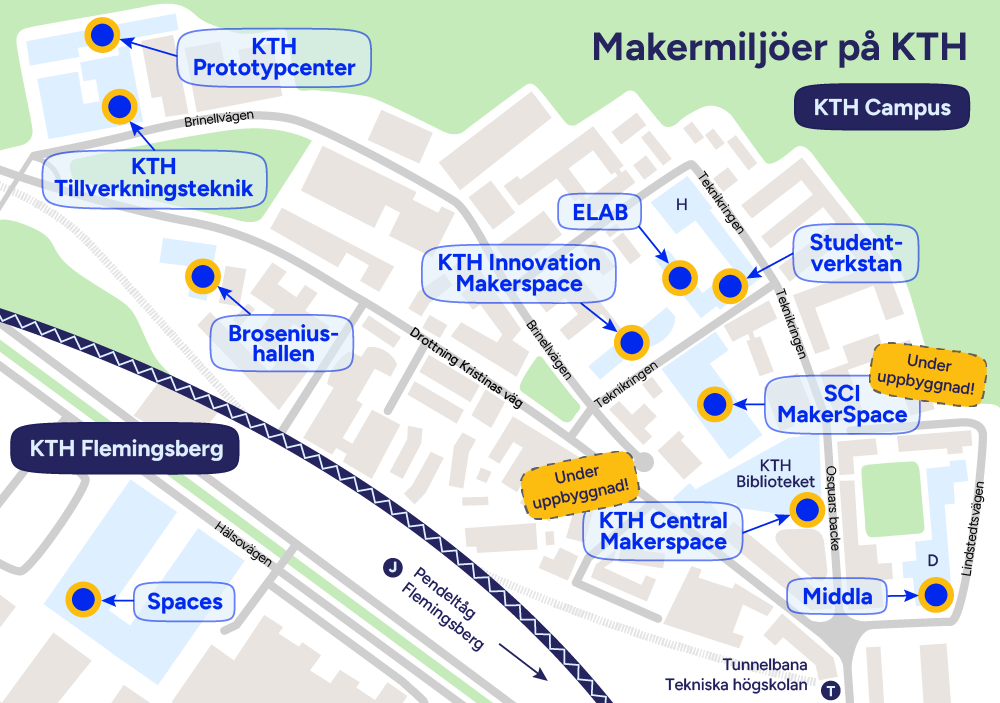 Karta som visar alla KTH:s makermiljöer.