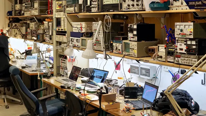 Insidan av ELAB, fylld med elektronisk utrustning.