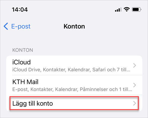"Lägg till konto" knappen är markerad