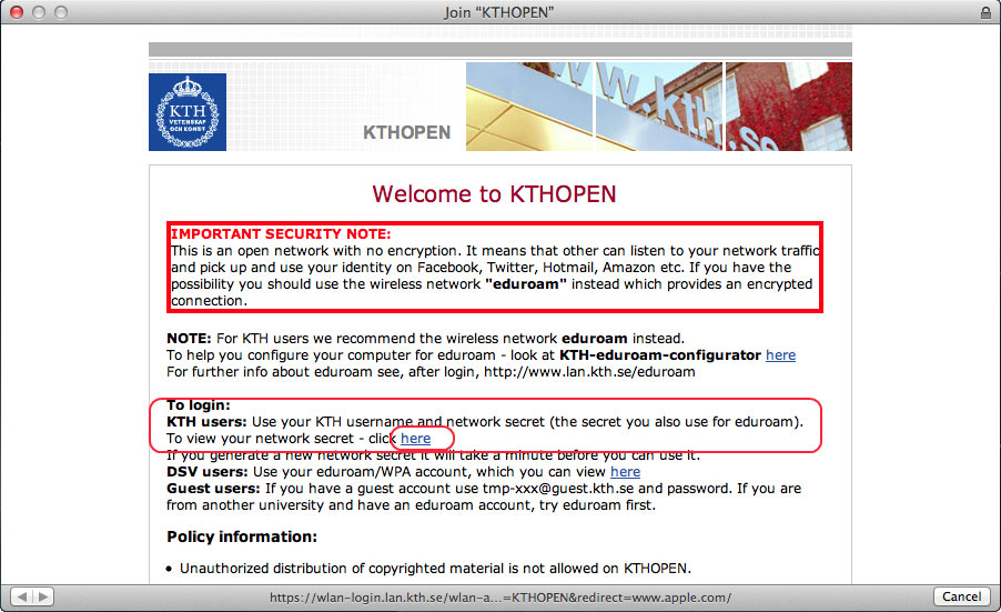 Picture of how to connect to KTHOPEN.
