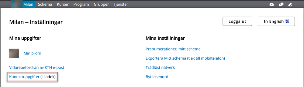 skärmdump: Personliga menyn, Mina uppgifter, Kontaktuppgifter (i Ladok) markerad