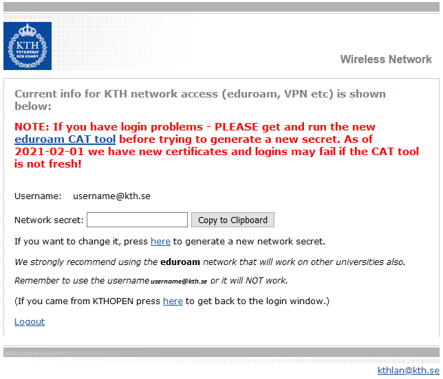 screenshot: Click on "here" to generate a new network secret